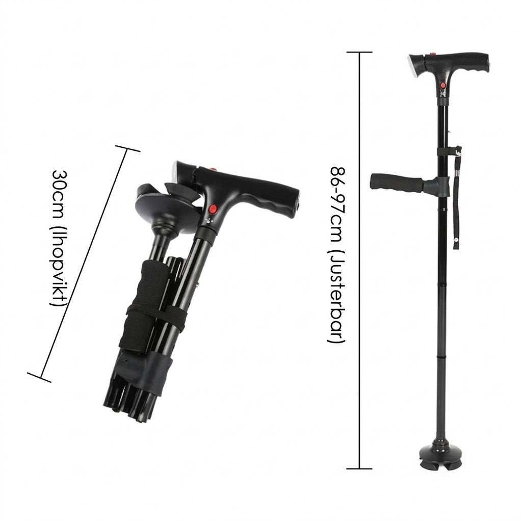 Justerbar höjd 86–97 cm, ihopvikt ca 30 cm