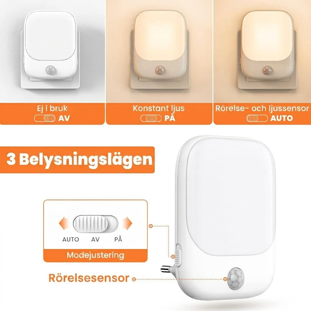 3 belysningslägen: AV, PÅ konstant, AUTO rörelse- och ljussensor