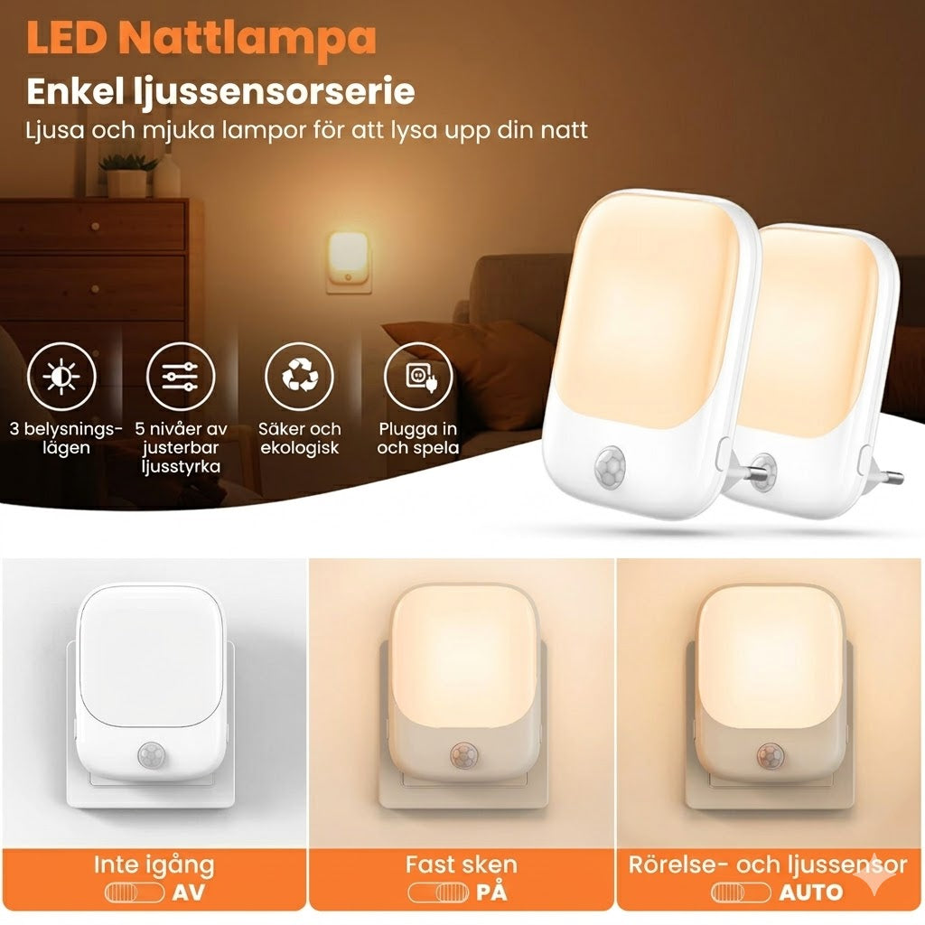 LED Nattlampa – 3 belysningslägen, 5 nivåer ljusstyrka, plugga in och spela
