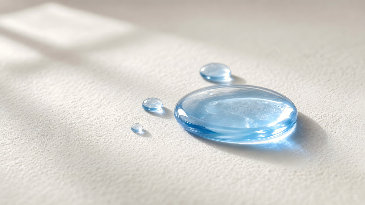 Närbild av klara blå droppar serum på en ljus, strukturerad yta