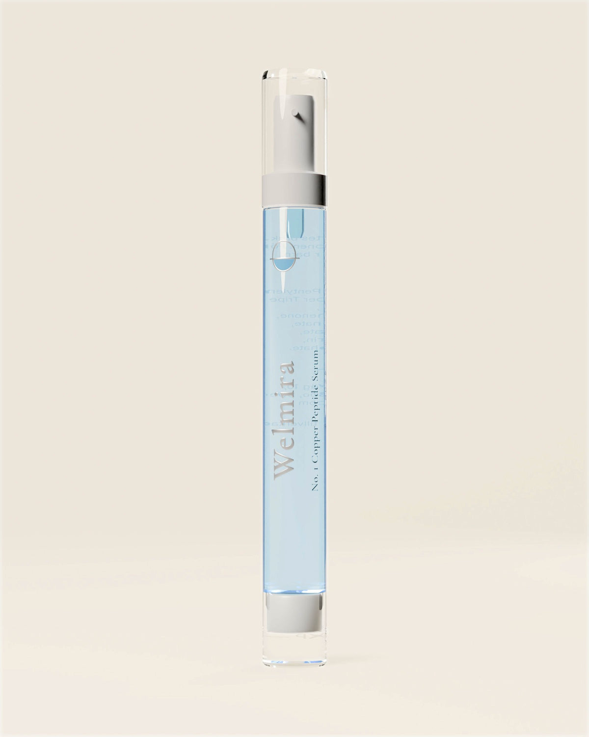 Welmira Kopparpeptidserum, en klar airlessflaska på 15 ml med vit pump och ljusblått serum