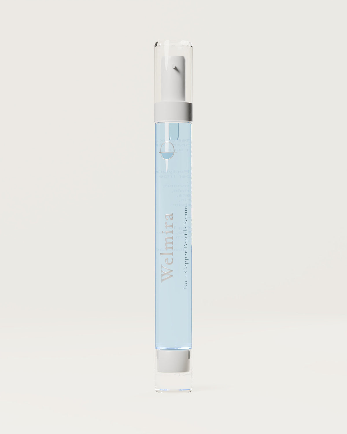 Den klara airlessflaskan på 15 ml med blått serum, framifrån
