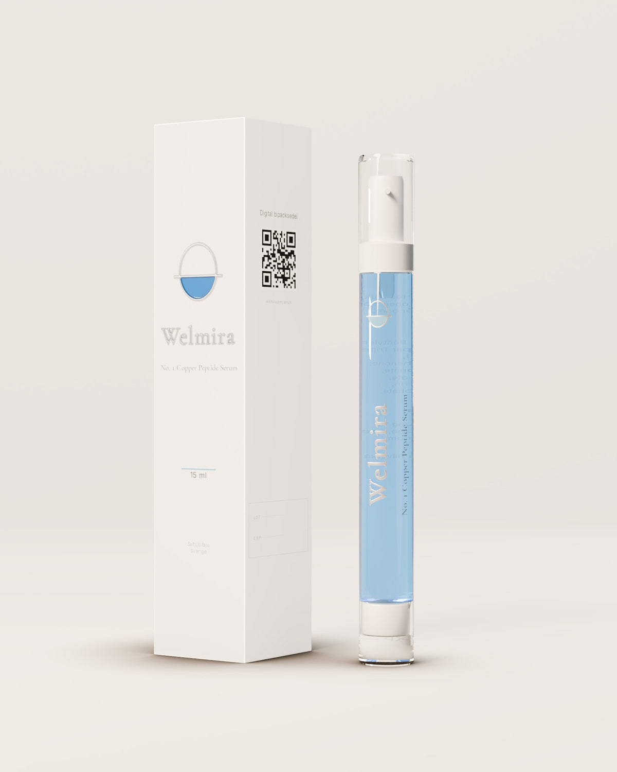 Den klara airlessflaskan på 15 ml med vit pump bredvid sin höga vita kartong