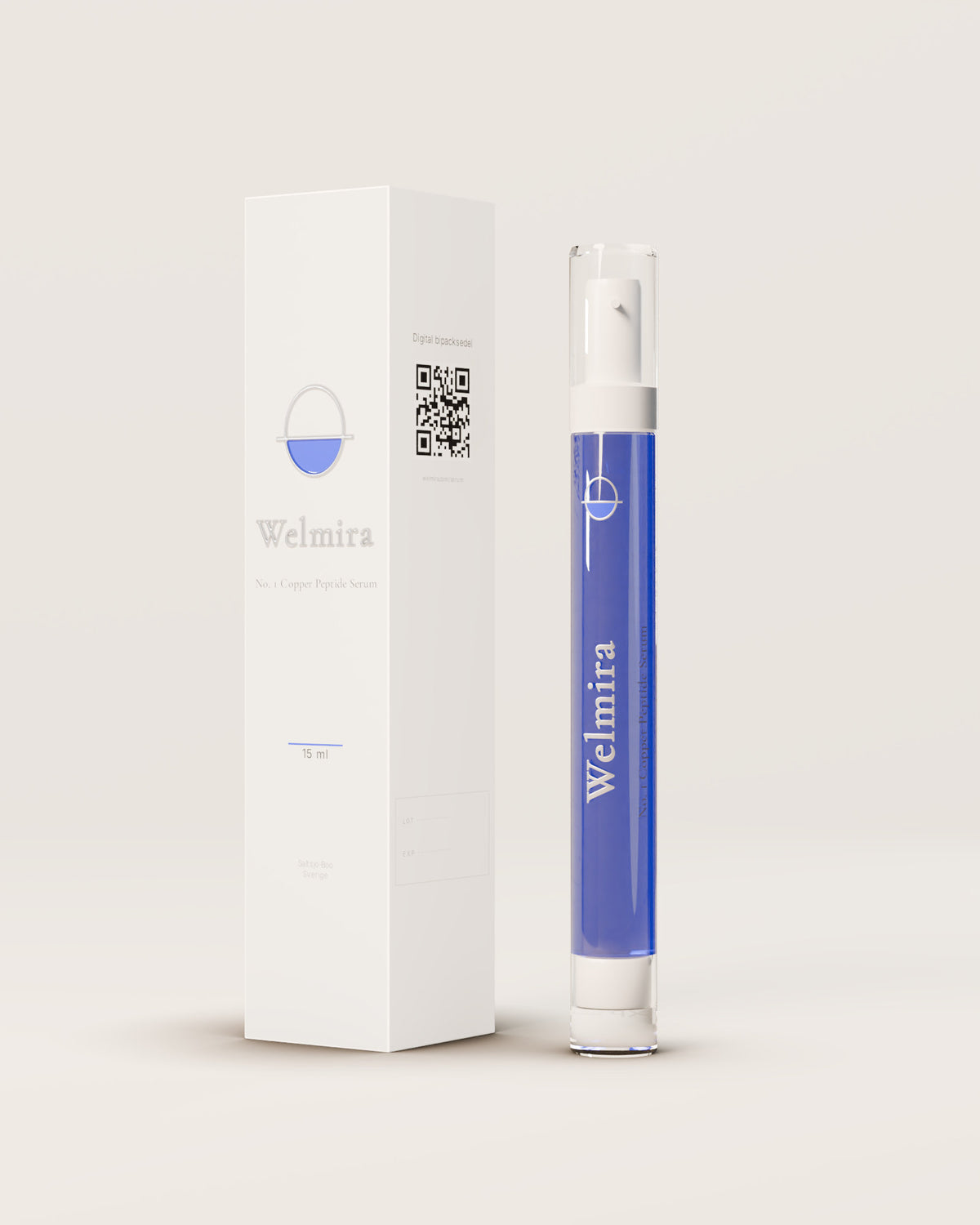 Den klara airlessflaskan på 15 ml med vit pump bredvid sin höga vita kartong