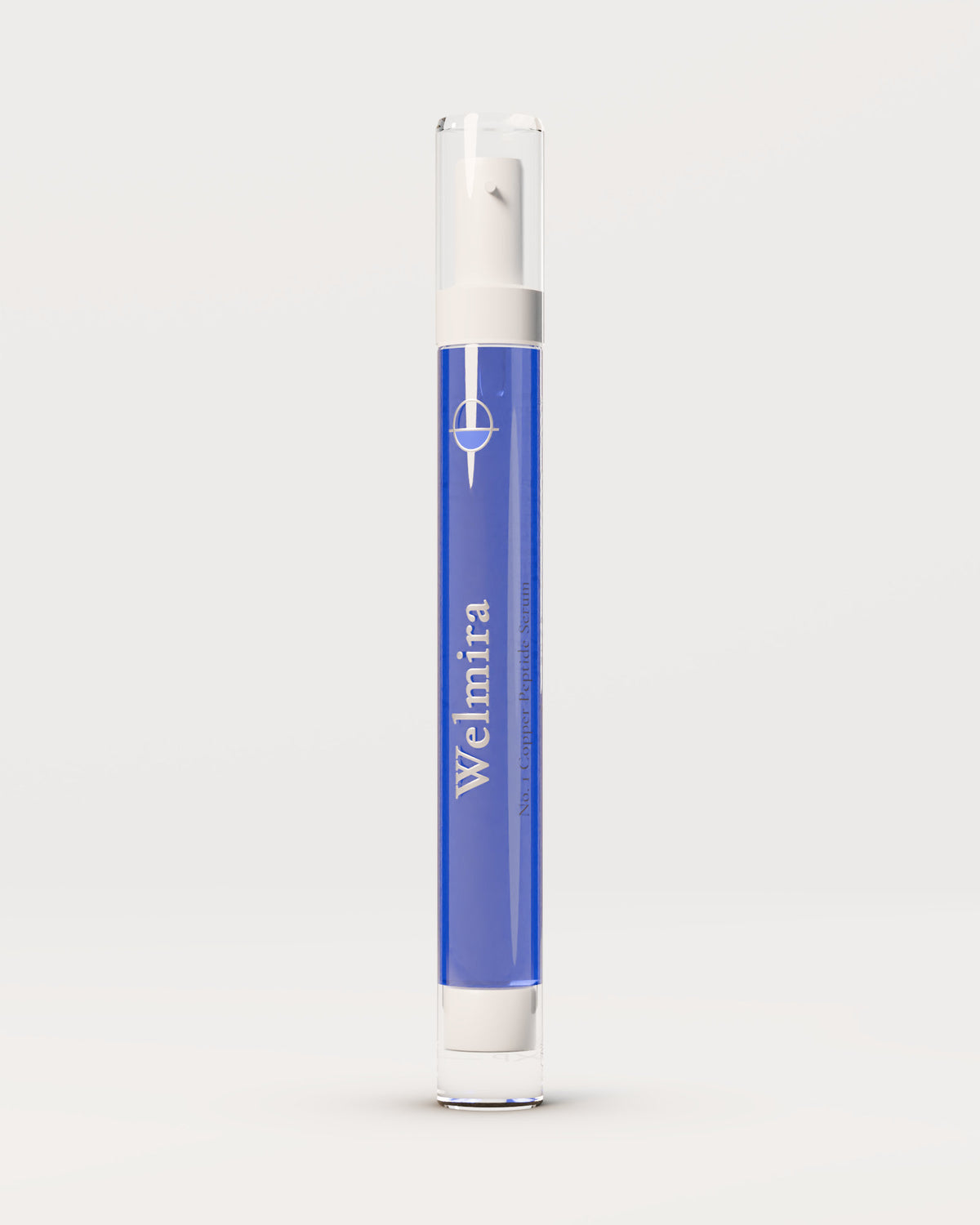 Den klara airlessflaskan på 15 ml med blått serum, framifrån